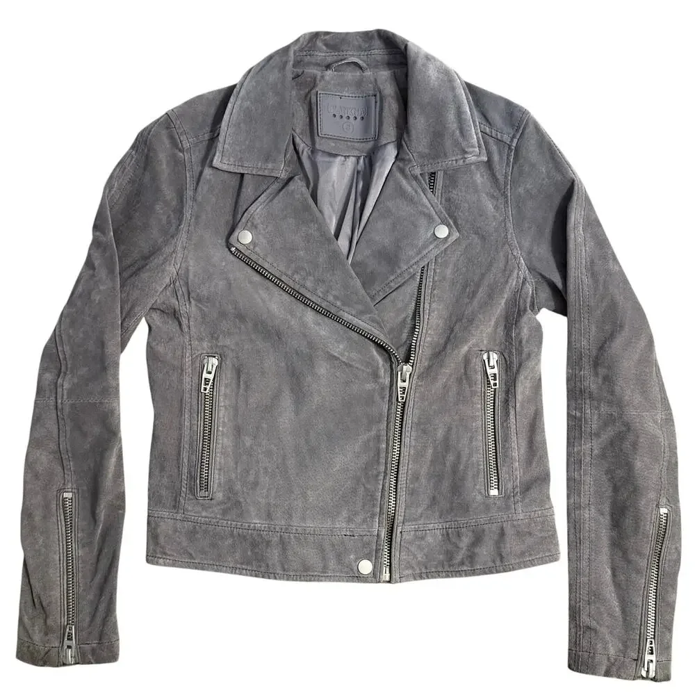 [BLANKNYC] Jacket 100% Suede Leather Moto Asymmetrical Zip Crop Gray Size Small